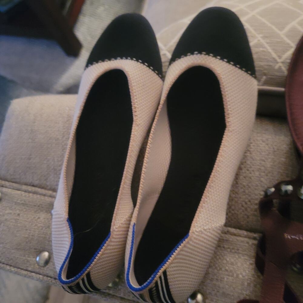 Rothy’s Womens The Square Flats Tuxedo Cap Toe Cream Black Ballet Knit Slip-On 9